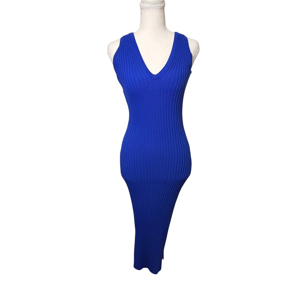 HERA Collection Cobalt Blue Ribbed Knit Bodycon Midi Dress Side Slits